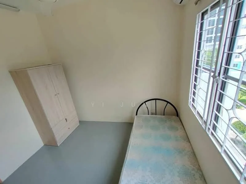 Bedroom features: single bed, light blue mattress, wooden wardrobe, white painted walls, grey flooring, window with metal grille, air conditioning unit; view: garden.