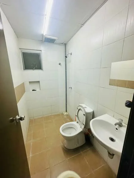 Bathroom features: white tiled walls, beige tiled accent wall, ceramic tile flooring, one-piece toilet, wall-mounted sink, single basin faucet, shower with wall-mounted faucet, small window for ventilation, ceiling lights; style: modern.