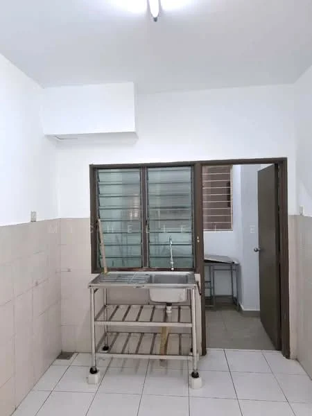 Kitchen features: white painted walls, cream tiled flooring, stainless-steel sink, chrome faucet, open shelving unit, window with metal grille, door leading to another room, ceiling light fixture, air conditioning unit.