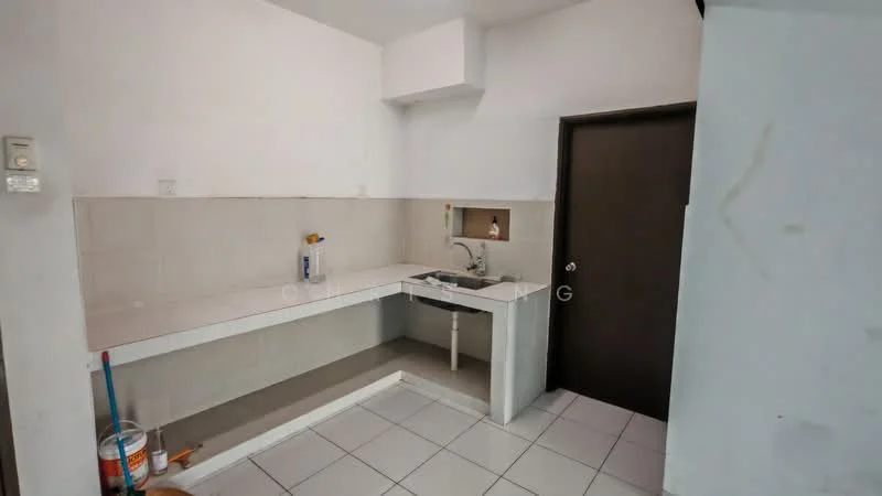 Kitchen features: white tiled walls, grey tiled backsplash, white countertop, single-bowl stainless-steel sink, chrome faucet, built-in cabinetry, floor tiles, wall-mounted exhaust hood; style: modern.