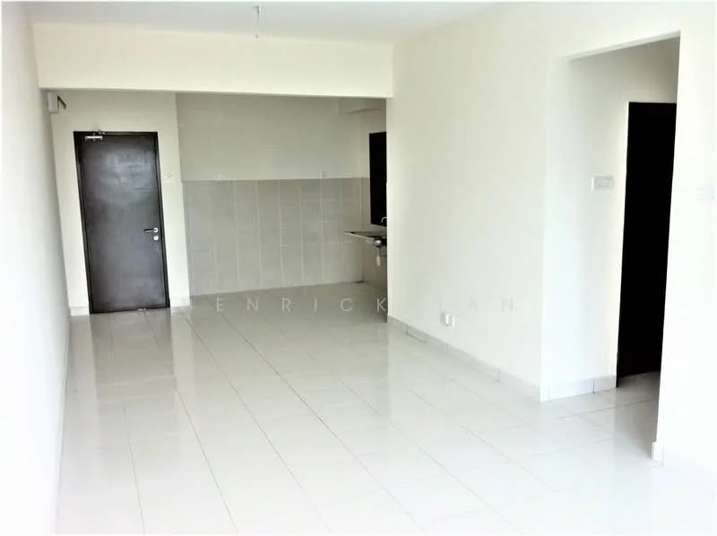 Room features: white painted walls, glossy white tile flooring, single door, open layout, kitchenette area with tiled backsplash, doorway leading to another room, ceiling light fixture, no visible furniture; style: modern.