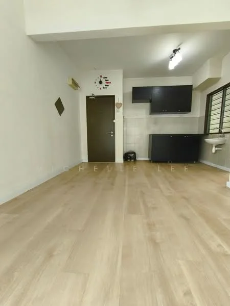 Room features: light wood laminate flooring, white painted walls, ceiling lights, kitchen cabinetry in dark color, sink, window with grid design, door with a round handle, wall-mounted air conditioning unit; style: modern.