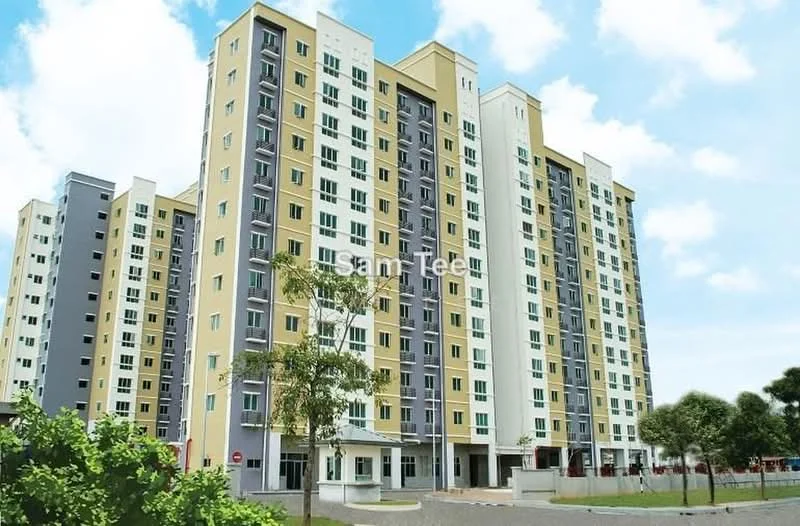 Exterior type: mid-rise condominium; features: yellow and grey painted facade, multiple storeys, balconies on each floor, large windows, landscaped garden area in front, paved driveway, surrounded by greenery; style: modern.
