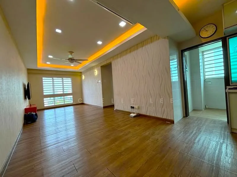 Living features: wooden flooring, tray ceiling with recessed lighting, 5-blade ceiling fan, wall-mounted TV, large windows with horizontal blinds, decorative wall with wavy texture, clock on wall, open layout to kitchen, natural light from windows, neutral wall color; style: modern; view: city. Room features: doorway leading to kitchen, light switch, window with vertical blinds.