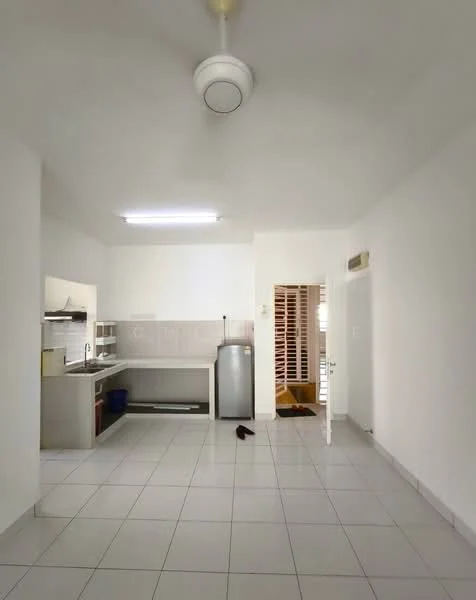 Kitchen features: white painted walls, white ceiling, recessed LED downlights, ceramic tile flooring, single-bowl stainless-steel sink, built-in cabinetry, freestanding fridge, countertop, open layout, doorway leading to hallway; style: modern. Room features: white painted walls, white ceiling, ceramic tile flooring, doorway leading to another room.