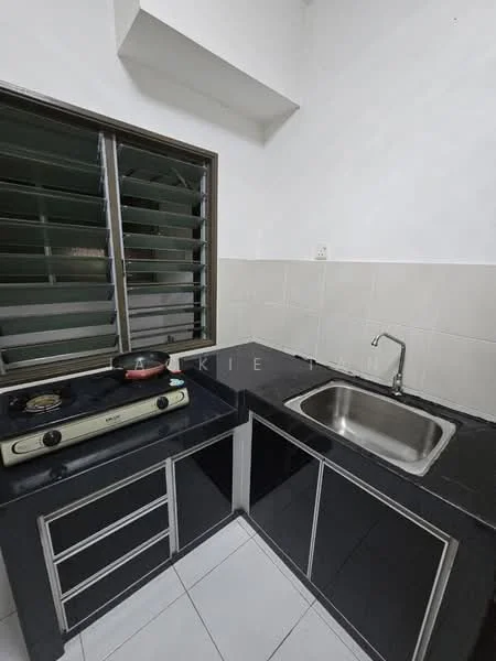 Kitchen features: black granite countertop, stainless-steel sink, chrome faucet, gas stove with two burners, black cabinetry, white tiled backsplash, white tiled flooring, sliding window with metal grilles; style: modern.