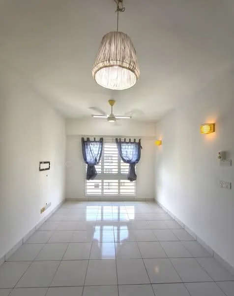 Room features: white painted walls, glossy white tile flooring, 2-blade ceiling fan, hanging light fixture with fabric shade, floor-to-ceiling windows, sheer curtains, 2 wall-mounted light fixtures, window with city view; style: modern; view: city.