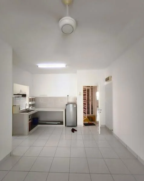 Kitchen features: white painted walls, white ceiling, recessed LED downlights, tile flooring, kitchen cabinetry with countertop, stainless-steel fridge, sink, open layout, doorway leading to hallway; style: modern. Room features: tile flooring, white walls, doorway leading to another room.