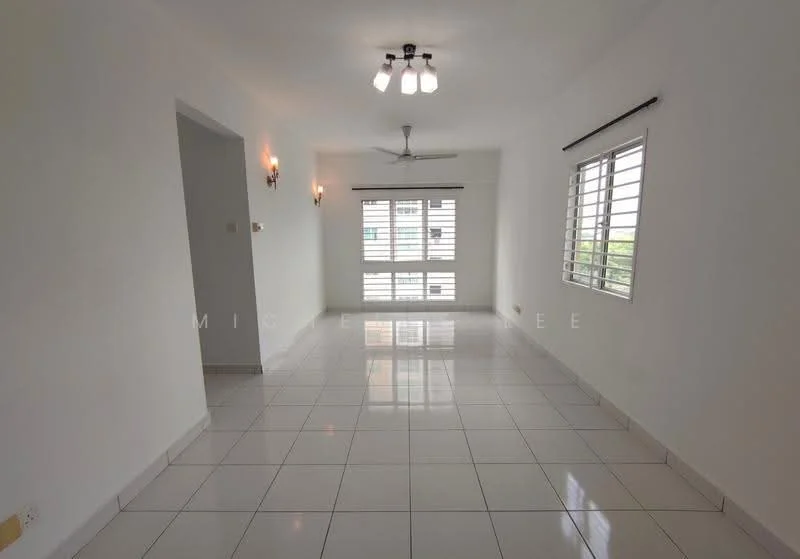 Living features: white painted walls, glossy ceramic tile flooring, 5-blade ceiling fan with light, recessed downlights, two wall sconces, sliding windows with horizontal grilles, natural light from windows, open layout; style: modern; view: garden.