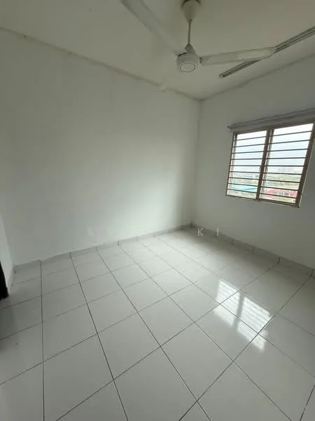 Room features: white painted walls, white ceiling, ceiling fan, sliding window with horizontal bars, tile flooring, natural light from window, corner room, no visible furniture; style: minimalist; view: city.