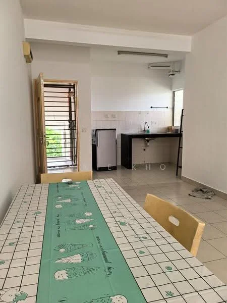 Dining features: dining table with green patterned tablecloth, wooden dining chairs, tile flooring, white painted walls, window with security bars, open layout to kitchen, refrigerator, sink with faucet, countertop, kitchen cabinetry; style: modern.