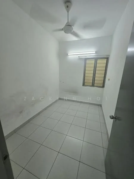 Room features: white painted walls, tile flooring, ceiling fan, window with horizontal slats, fluorescent ceiling lights, light switch, door with handle, corner space.