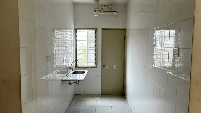 Laundry features: white tiled walls, grey tiled flooring, single-bowl stainless-steel sink, chrome faucet, window with metal grille, door to adjacent room, exposed plumbing pipes, natural light from window; view: city.