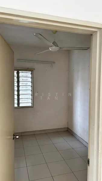 Room features: white painted walls, ceiling fan, tile flooring, window with horizontal slats, light fixture on wall, door with doorknob, corner of room visible, neutral color scheme.