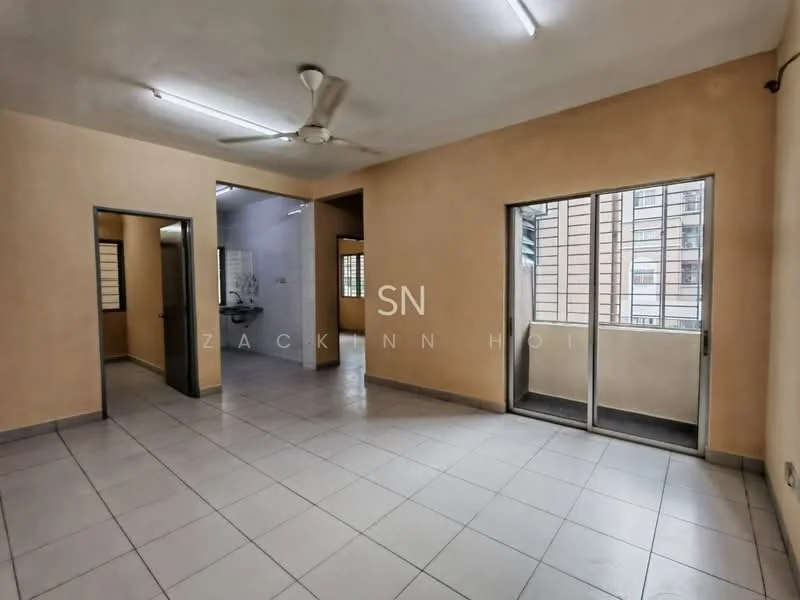 Room features: cream painted walls, tile flooring, ceiling fan, floor-to-ceiling windows, sliding glass door, natural light from windows, open layout, neutral color scheme.