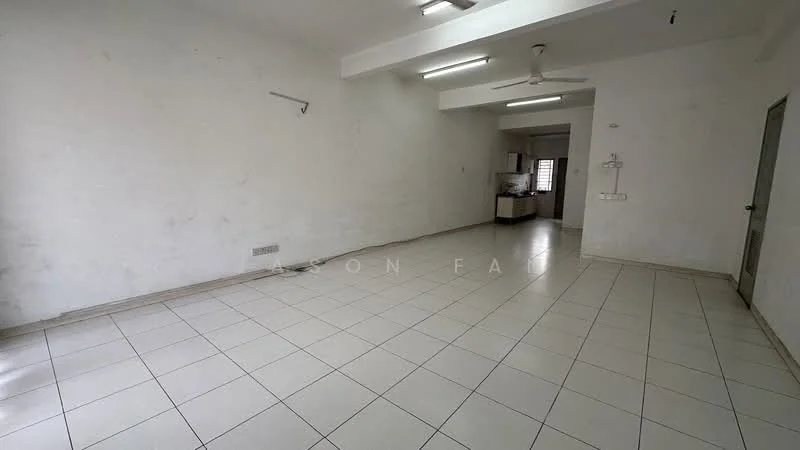 Room features: white painted walls, tile flooring, ceiling lights, ceiling fan, open layout, kitchen area visible in background, no visible furniture, large windows, neutral color scheme; style: minimalist.