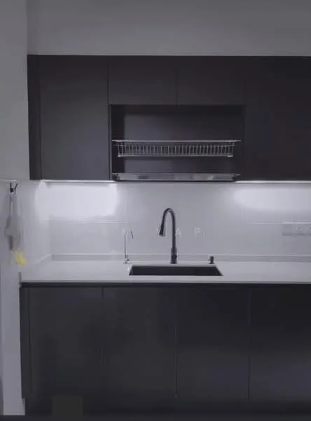 Kitchen features: black cabinetry, white countertop, single-bowl stainless-steel sink, matte-black gooseneck faucet, wall-mounted dish rack, white tiled backsplash, under-cabinet lighting, built-in power outlets; style: modern.