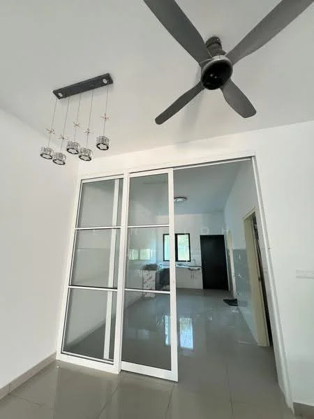 Room features: white painted walls, grey tiled flooring, 5-blade ceiling fan, hanging pendant lights, glass sliding door, door frame, window with black frame, open layout to kitchen area; style: modern.