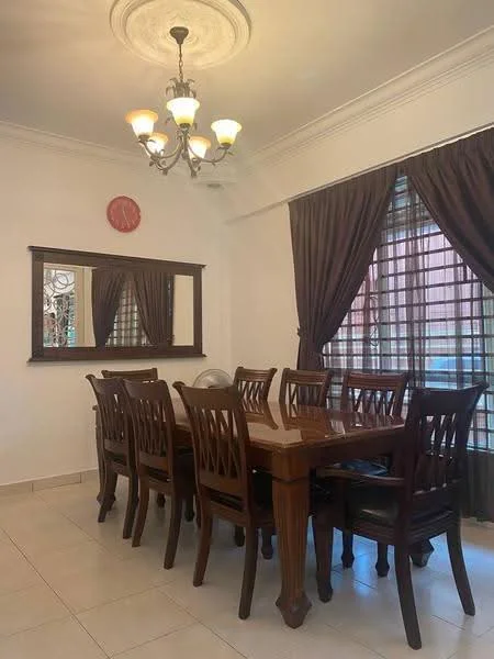 Dining features: rectangular wooden dining table with 8 chairs, chandelier with multiple bulbs, cream painted walls, white ceiling with decorative rose, brown curtains, large mirror on wall, tiled flooring, wall clock; style: traditional.
