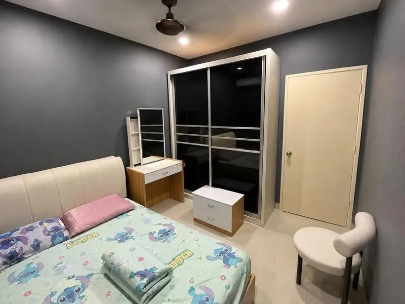 Bedroom features: queen-size bed with upholstered headboard, bedding with cartoon character design, 2 bedside tables with drawers, built-in wardrobe with sliding doors, white chair, ceiling fan, grey painted walls, tile flooring, window with blinds; style: modern.