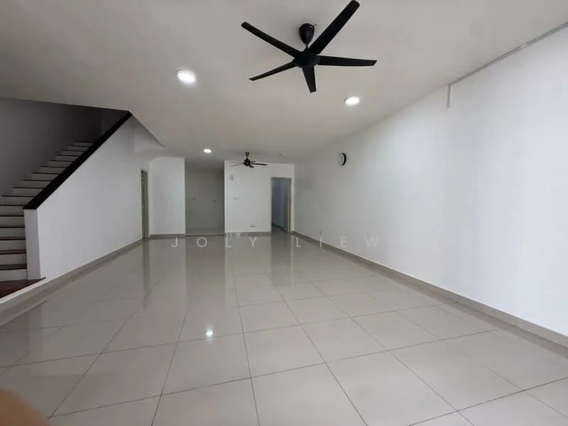 Living features: white painted walls, glossy ceramic tile flooring, 5-blade ceiling fan with light, recessed LED downlights, large open space, clock on wall, staircase visible in background, doorway leading to other rooms; style: modern.