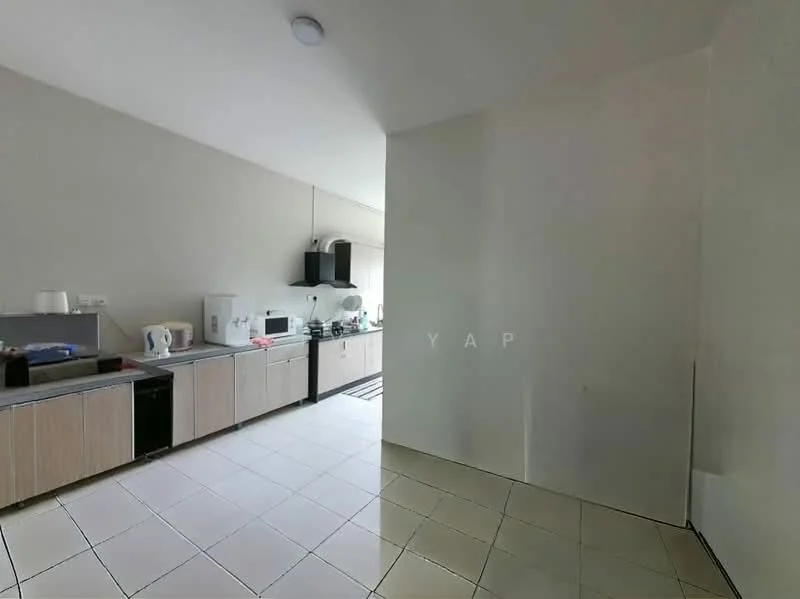 Kitchen features: white painted walls, tile flooring, kitchen cabinets with wood finish, stainless-steel sink, built-in microwave, freestanding range oven, refrigerator, countertop space, black extractor hood, window for natural light, light fixture on ceiling; style: modern.