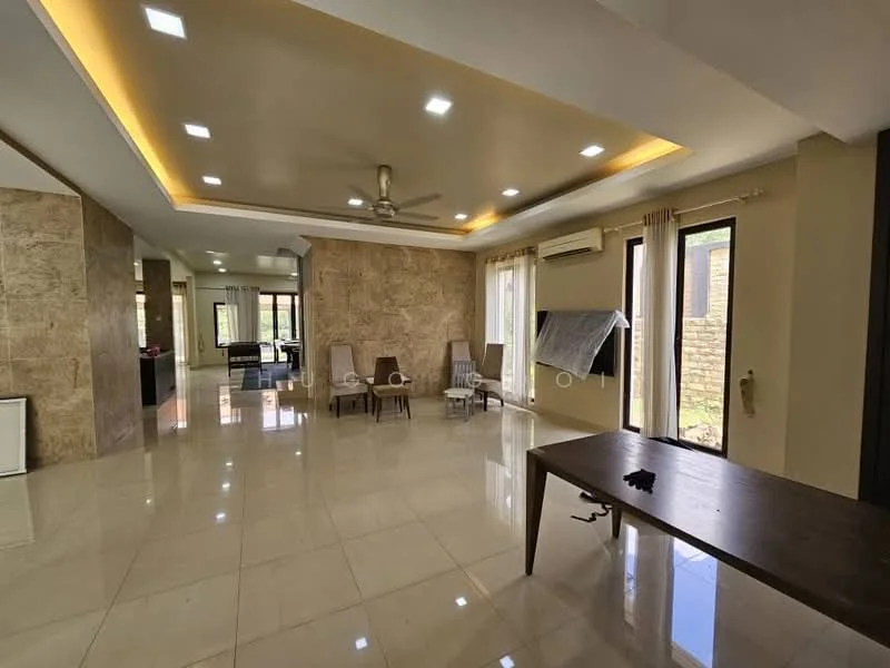 Living features: polished marble flooring, cream painted walls, tray ceiling with recessed lighting, 5-blade ceiling fan, large windows with sheer curtains, sliding glass door, wooden dining table, two upholstered chairs, decorative wall paneling, air conditioning unit; style: modern; view: garden.