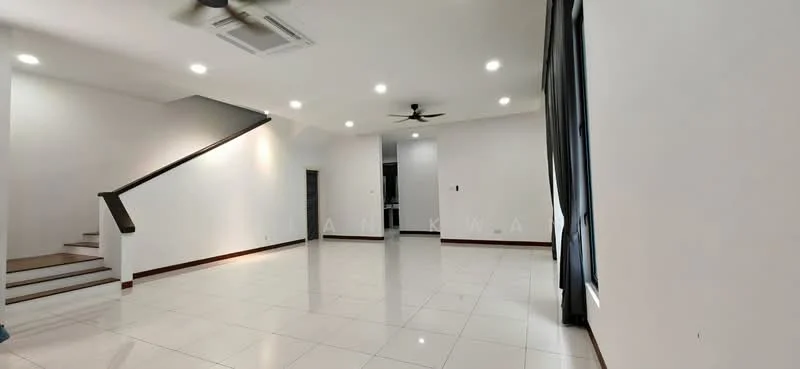 Living features: white painted walls, glossy white tile flooring, recessed downlights, 5-blade ceiling fan, large windows with black curtains, staircase with wooden handrail, open layout, no visible furniture; style: modern.