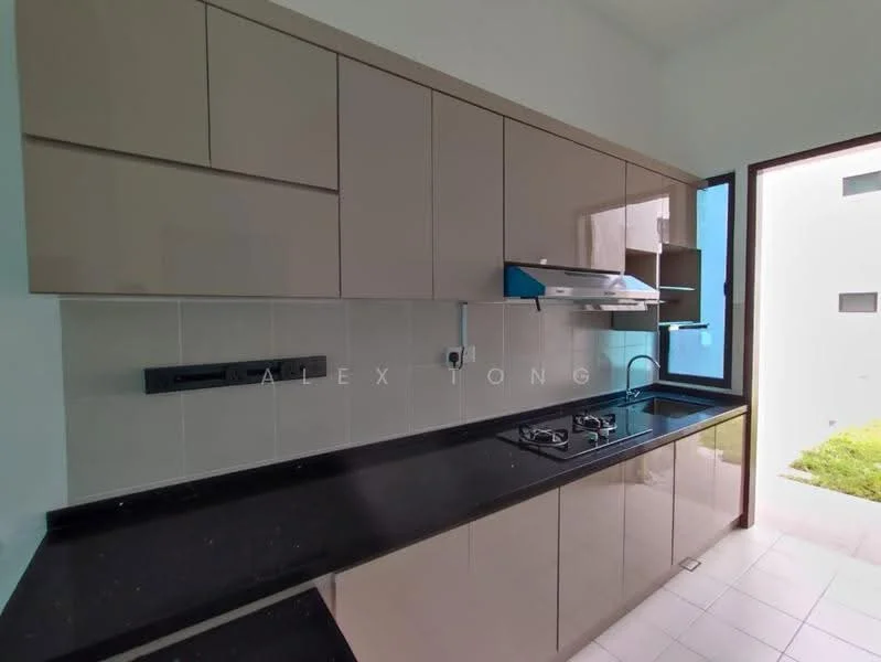 Kitchen features: glossy beige cabinetry, black granite countertop, built-in gas hob, stainless-steel range hood, single-bowl stainless-steel sink, wall-mounted faucet, white tiled backsplash, window with garden view, light-colored tiled flooring; style: modern; view: garden.