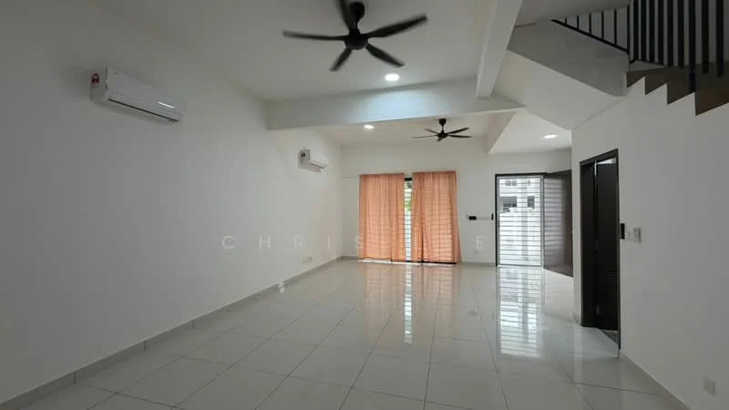 Living features: white painted walls, glossy ceramic tile flooring, 5-blade ceiling fan with light, 2 wall-mounted split AC units, large windows with sheer curtains, sliding glass door, recessed downlights, neutral color scheme, open layout, access to staircase; style: modern.