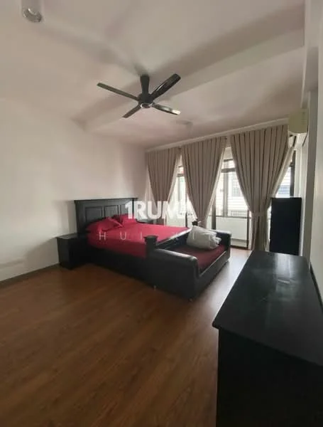 Bedroom features: king-size bed with red bedding, black wooden bed frame, 2 bedside tables, black dresser, floor-to-ceiling windows, sheer curtains, dark wood flooring, 5-blade ceiling fan with light, white painted walls, recessed lighting; style: modern.