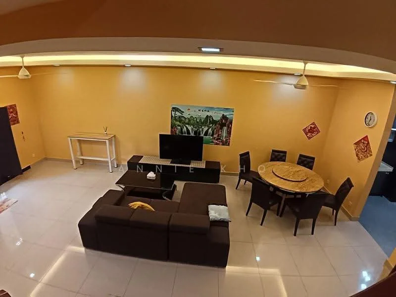 Living features: brown L-shape sectional sofa, round dining table, 6 upholstered dining chairs, TV console, wall-mounted TV, decorative wall art, cream painted walls, recessed LED downlights, white ceiling, tile flooring, clock on wall, area rug; style: modern.