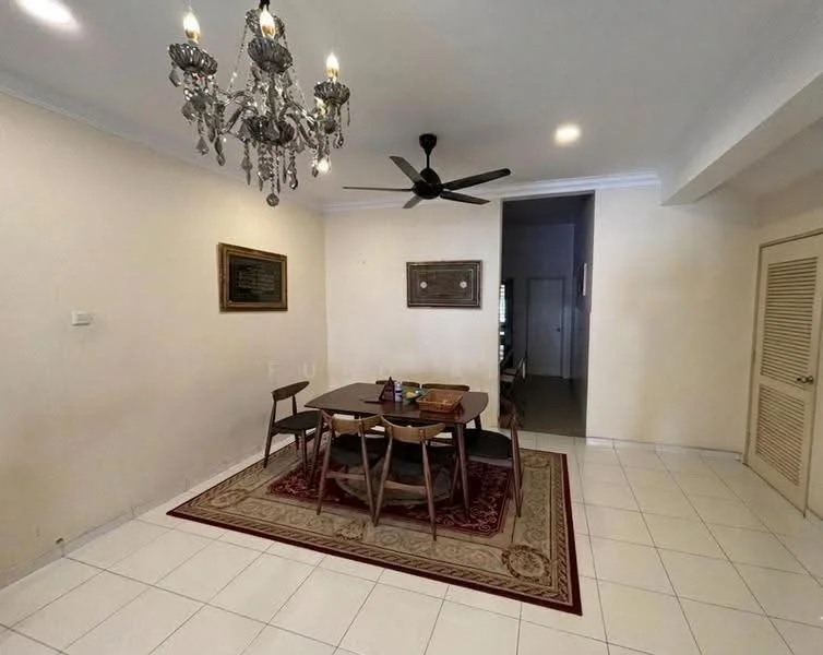 Dining features: white painted walls, white tiled flooring, chandelier with multiple bulbs, 5-blade ceiling fan, rectangular dining table, 4 wooden dining chairs, area rug with intricate pattern, decorative wall art, built-in cabinetry with louvered doors; style: modern.