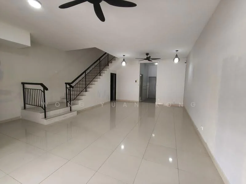 Living features: white painted walls, glossy ceramic tile flooring, 5-blade ceiling fan with light, 2 ceiling pendant lights, staircase with black railing, open layout, large space, neutral color scheme; style: modern.