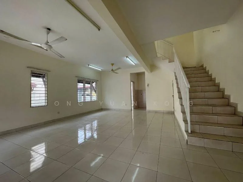 Living features: white painted walls, glossy ceramic tile flooring, 2 ceiling fans, large windows with horizontal blinds, staircase with white railing, neutral color scheme, recessed lighting, open layout; style: modern.
