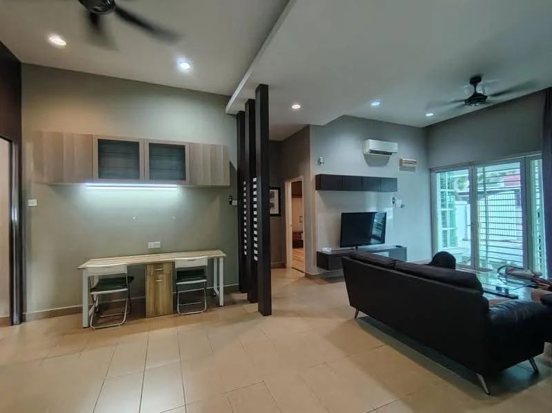 Living features: 3-seater leather sofa, coffee table, wall-mounted TV, TV console, ceiling fan, recessed downlights, cream painted walls, tile flooring, window with sheer curtains, built-in cabinetry with glass doors, study desk with chair; style: modern.