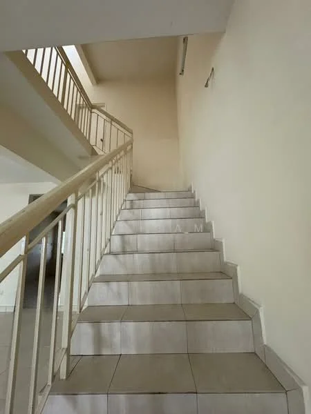 Room features: staircase with tiled steps, white painted walls, handrail, natural light from upper level, neutral color scheme, open space at the top of the stairs; style: modern.