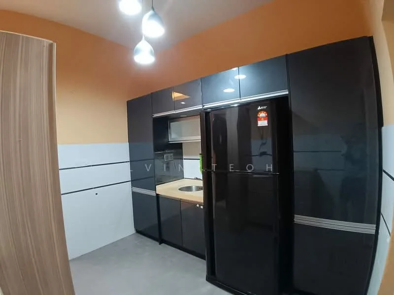 Kitchen features: black glossy cabinetry, stainless-steel sink, single-bowl stainless-steel sink, chrome pull-down faucet, built-in oven, freestanding fridge, grey concrete flooring, recessed downlights, white walls with grey accents, countertop with integrated backsplash, kitchen island, open shelving; style: modern.