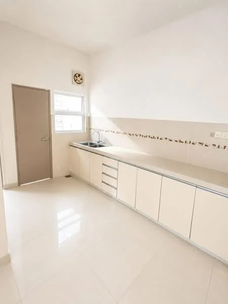 Kitchen features: white painted walls, cream cabinetry, stainless-steel sink, chrome pull-down faucet, countertop with backsplash, built-in cabinets, tile flooring, window with natural light, door leading to another room; style: modern.