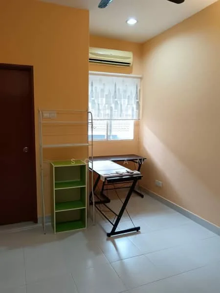 Study features: orange painted walls, white ceiling, 1 wall-mounted split AC, window with sheer curtains, desk with black metal frame, green shelving unit, tile flooring, ceiling fan with light; style: modern.