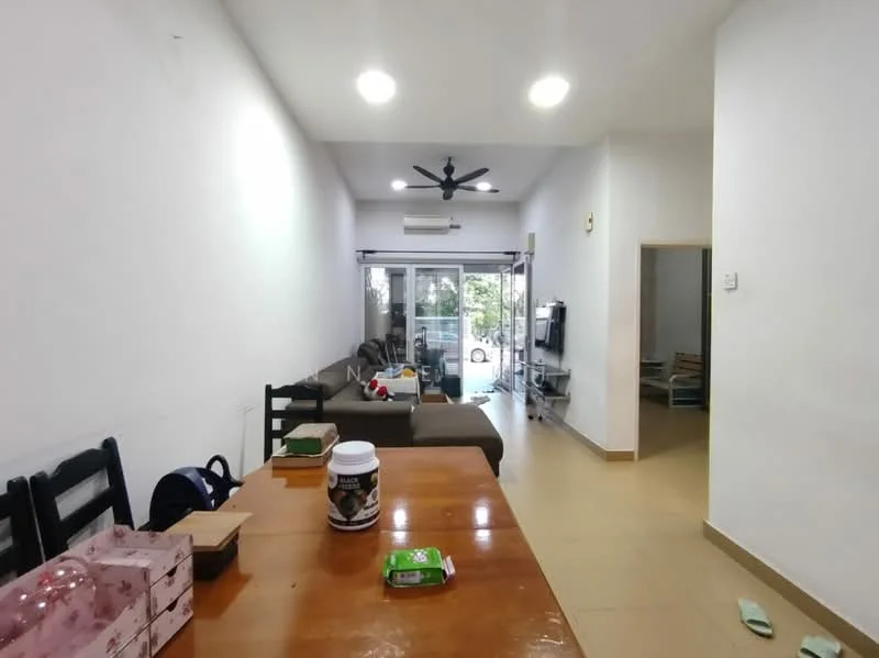 Living features: sofa in grey, coffee table, wall-mounted TV, ceiling fan with light, floor-to-ceiling windows, sliding glass door, light-coloured walls, tile flooring, decorative wall clock; style: modern; view: garden. Dining features: wooden dining table, black dining chairs, open shelving, decorative items on table; style: modern.