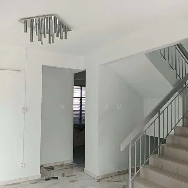 Room features: white painted walls, marble tile flooring, staircase with metal railing, modern chandelier, windows with horizontal slats, open space layout; style: modern.