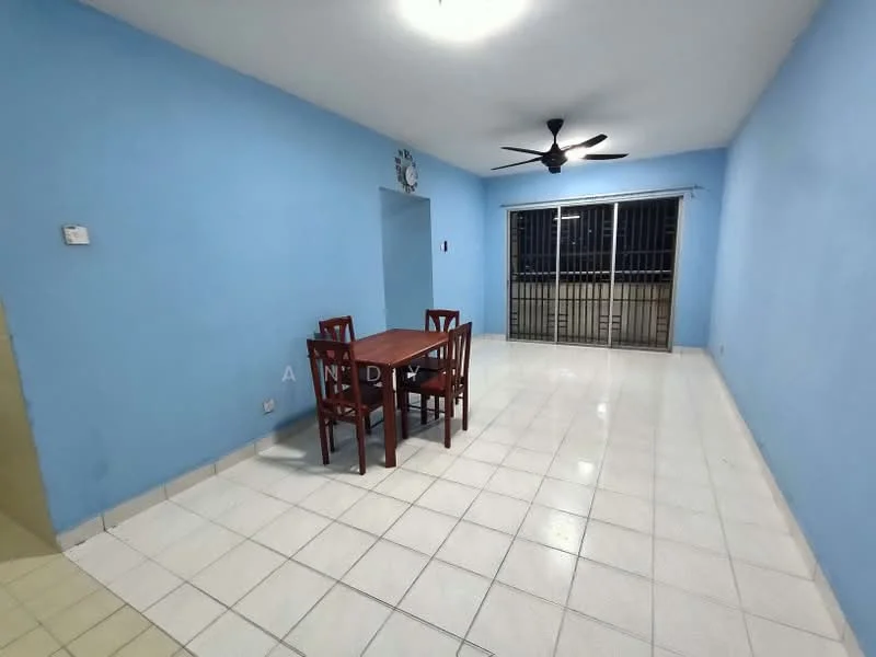 Living features: blue painted walls, white tiled flooring, 5-blade ceiling fan, dining table with 4 wooden chairs, sliding glass door, grill gate, window with metal grilles, light fixture on ceiling.