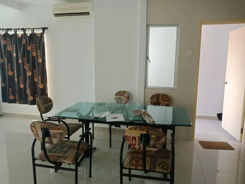 Dining features: glass dining table, 4 dining chairs with patterned upholstery, white painted walls, tile flooring, wall-mounted split AC, curtains with geometric pattern, window with natural light, neutral color scheme; style: modern. Room features: doorway leading to another room, light-colored wall, tile flooring.