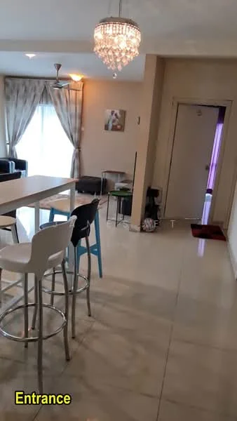 Room features: chandelier, recessed downlights, floor-to-ceiling windows, sheer curtains, white walls, glossy tile flooring, bar stools, open layout, entrance door, decorative wall art; style: modern.