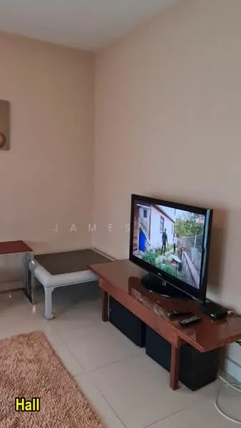 Living features: cream painted walls, glossy tile flooring, area rug with geometric pattern, wooden TV console, flat-screen TV, glass coffee table, remote control, decorative wall art; style: modern.