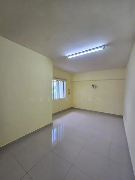 Room features: yellow painted walls, glossy ceramic tile flooring, fluorescent ceiling lights, window with metal frame, neutral ceiling, no visible furniture, empty space; style: minimalist.