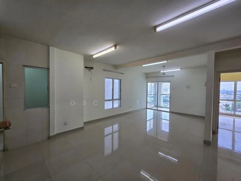 Living features: white painted walls, glossy ceramic tile flooring, recessed LED downlights, ceiling fan, floor-to-ceiling windows, sliding glass door, city view, neutral color scheme, open layout, natural light; style: modern; view: city.