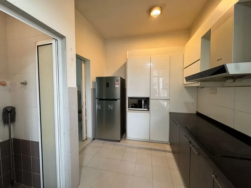 Kitchen features: white cabinetry, black granite countertop, stainless-steel fridge, built-in microwave, stainless-steel range hood, ceramic tile flooring, wall-mounted kitchen cabinets, single-bowl stainless-steel sink, chrome pull-down faucet, recessed downlights; style: modern.