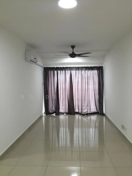 Room features: white painted walls, glossy ceramic tile flooring, recessed ceiling lights, 5-blade ceiling fan, floor-to-ceiling windows, sheer curtains, air conditioning unit; style: modern.